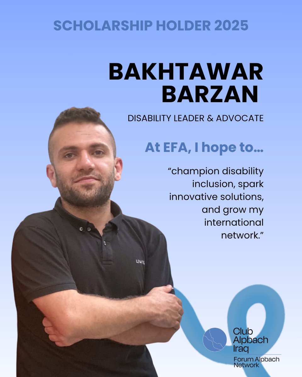 ClubAlpbachIraq's tweet photo. Meet Bakhtawar Barzan Abdalla – EFA25 Scholarship Holder ✨
Disability Advocate, uni lecturer &amp; the 1st Chevening Scholar with a disability from Kurdistan Iraq. Founder of Bakhtawary Group 💪 &amp; on the D-30 Impact List 2023 ♿️. At #EFA25, he’s raising the voice for inclusion. https://t.co/0NKtDLOfVr