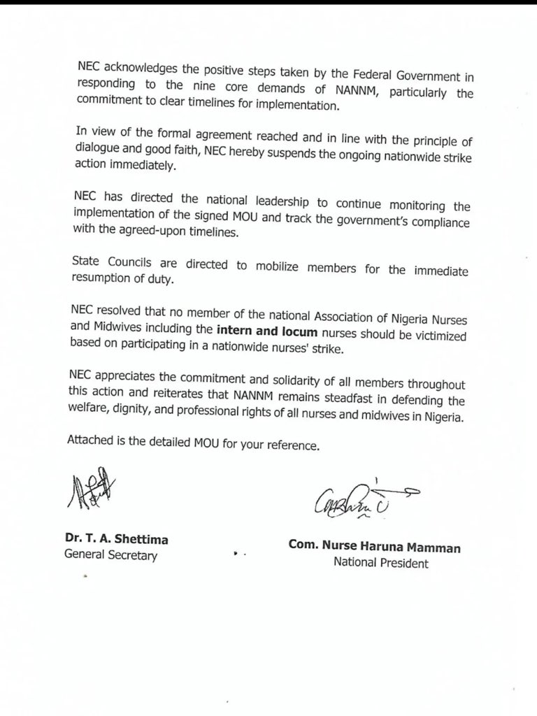 njonurses's tweet photo. OFFICIAL: NANNM has released a memo suspending the nationwide strike.

Nurses are to resume duties immediately as talks with the government continue.

Let’s stay alert — promises must turn into action. 🩺✊
#NANNM #NursesStrike #NursingInNigeria #Healthcare https://t.co/eQvNdkyF1y