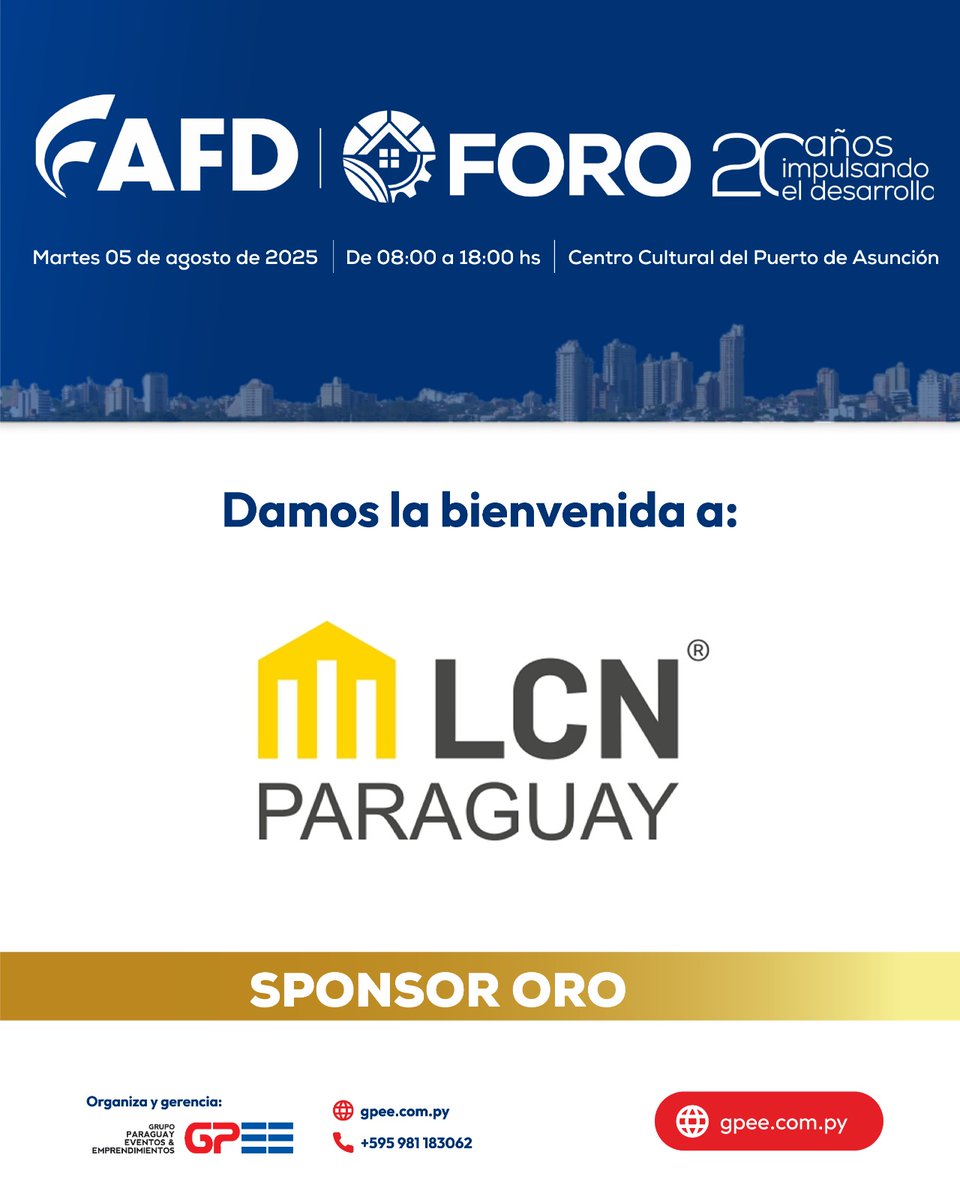 🚀 ¡Bienvenida LCN Paraguay como Sponsor Oro del Foro AFD 2025!
Impulsando innovación tecnológica y desarrollo nacional.
📅 5 de agosto | 📍 Centro Cultural del Puerto
🔗 goo.su/Njk1a