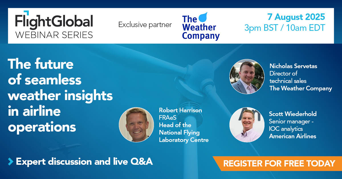 FlightGlobal's tweet image. Hear representatives from American Airlines and the National Flying Laboratory Centre in our next free webinar on 7 August. Discover how weather data APIs can transform operational decision-making at airlines and more. #aviationwebinar #weatherapi
bit.ly/411lpOB