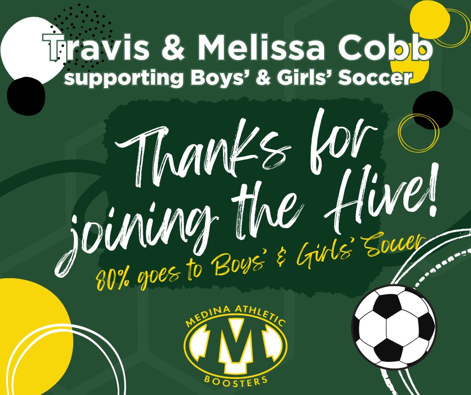 The @medinaboosters thank Travis &amp; Melissa Cobb <a href="/TravisGCobb/">Travis Cobb</a> for re-joining the Hive for new season &amp; supporting <a href="/BeesBoysSoccer/">Medina HS Boys Soccer</a> &amp; #MedinaGirlsSoccer with 80% of their membership.  You can support your team(s) too by joining the Hive at medinaboosters.org/membership-lev… <a href="/medinaathletics/">Medina Athletics</a>