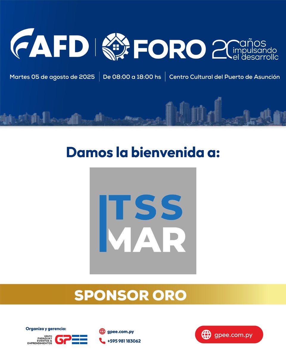 ¡Bienvenida ITSSMAR como Sponsor Oro del Foro AFD 2025!
Impulsando tecnología e innovación para un Paraguay más inteligente.
📅 5 de agosto | 📍 Centro Cultural del Puerto
🔗 goo.su/Njk1a