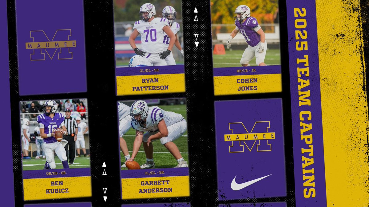2025 TEAM CAPTAINS

Proud to announce the Captains of the 2025 Maumee Football Team:

Ryan Patterson (Sr.)
Ben Kubicz (Sr.)
Garrett Anderson (Sr.)
Cohen Jones (Jr.)

These young men have earned the respect of their teammates and coaches through their relentless work ethic,