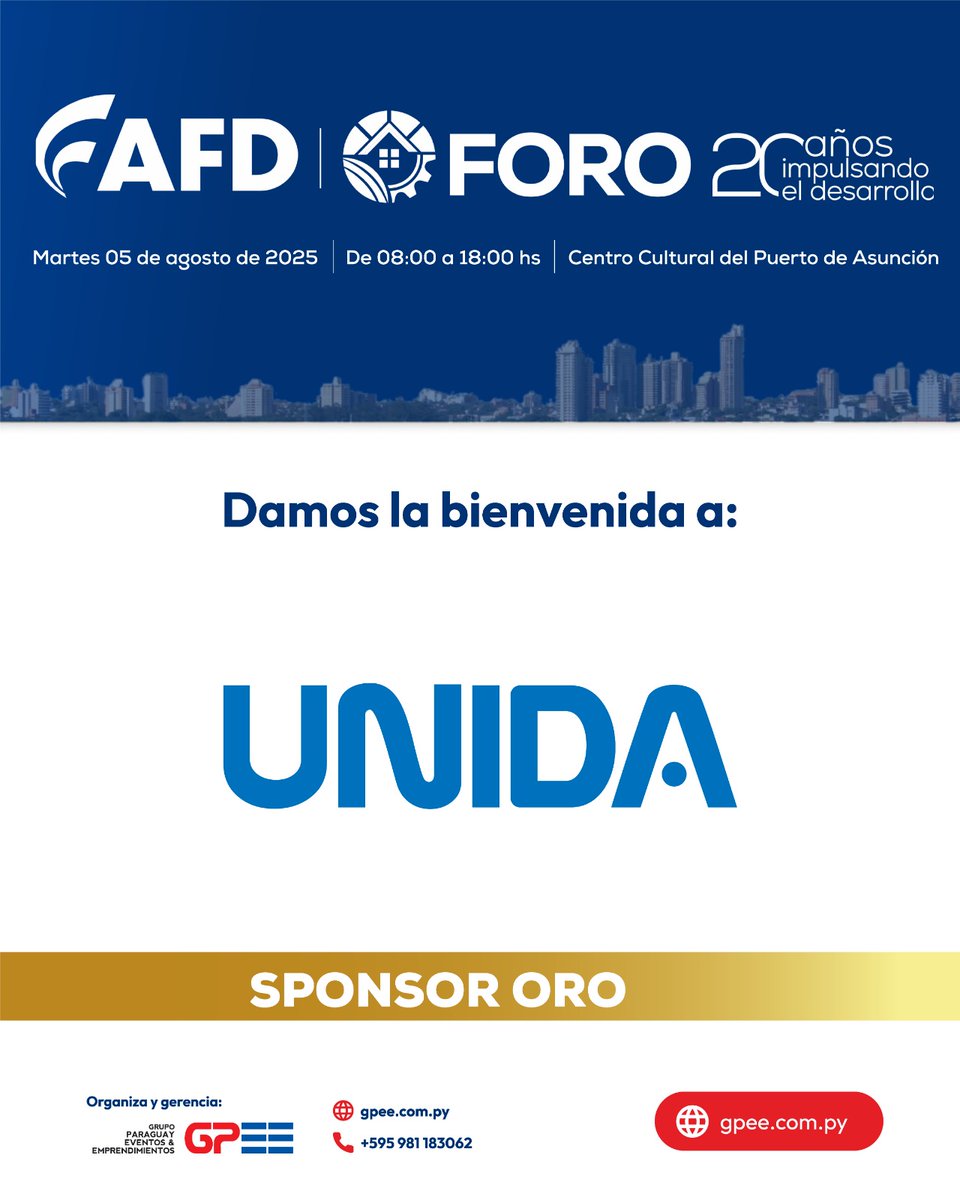 🎓 ¡Bienvenida Universidad Unida como Sponsor Oro del Foro AFD 2025!
Formando profesionales para el desarrollo del país.
📅 5 de agosto | 📍 Centro Cultural del Puerto
🔗 goo.su/Njk1a