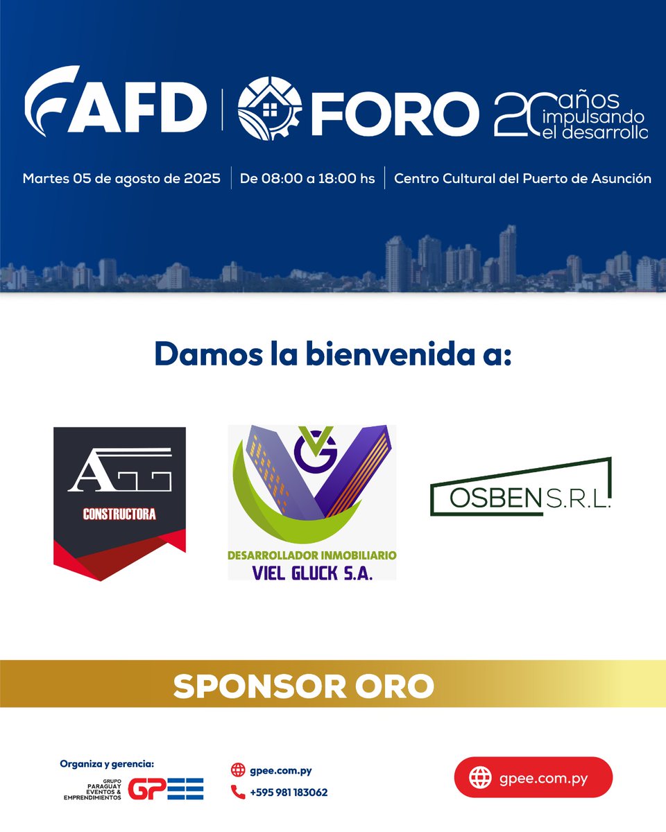 🏗️ ¡Bienvenidas AG Constructora, Viel Gluck S.A. y OSBEN S.R.L. como Sponsors Oro del Foro AFD 2025!
Impulsando innovación y desarrollo sostenible en construcción.📅 5 de agosto | 📍 Centro Cultural del Puerto
🔗 goo.su/Njk1aPreguntar a ChatGPT