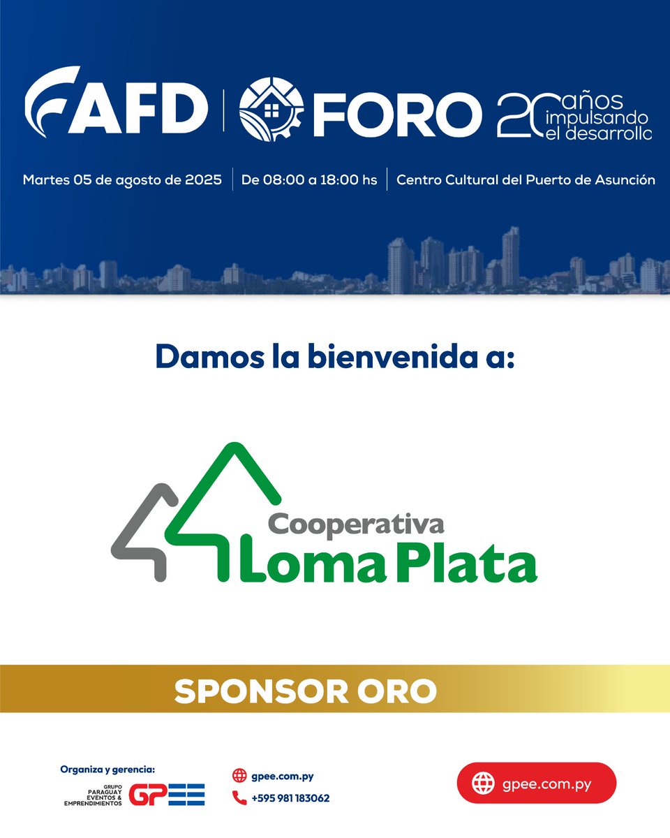 🌟 Cooperativa Loma Plata, Sponsor Oro del Foro AFD 2025
Comprometida con el desarrollo productivo y financiero del país.
📅 5 de agosto | 📍 Centro Cultural del Puerto
🔗 goo.su/Njk1a

¡Gracias por ser parte de esta jornada de futuro y alianzas!