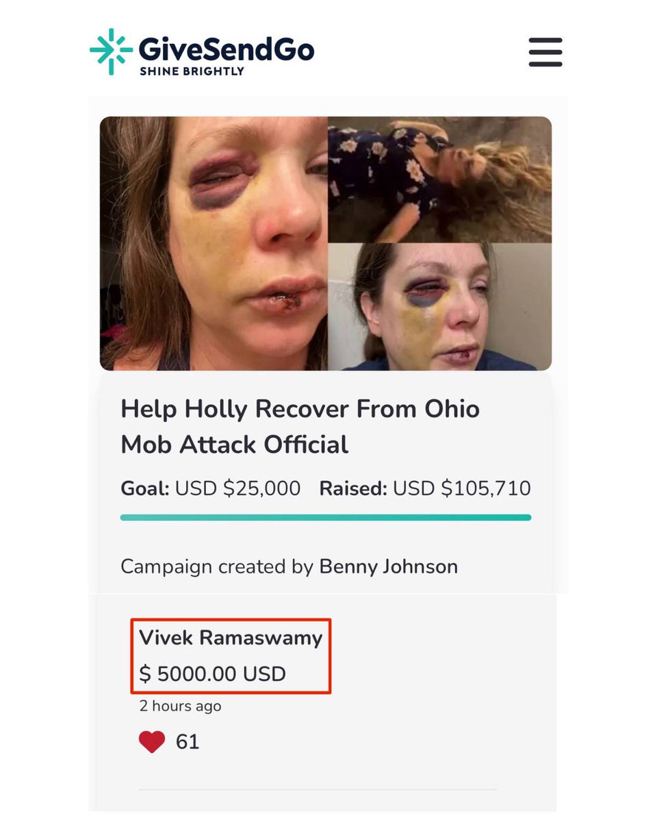 Wow. <a href="/VivekGRamaswamy/">Vivek Ramaswamy</a> just made an incredibly generous donation to Holly’s GiveSendGo

Thank you to all who’ve shown up for her. 🙏🏻

100% goes to Holly: givesendgo.com/SupportHolly