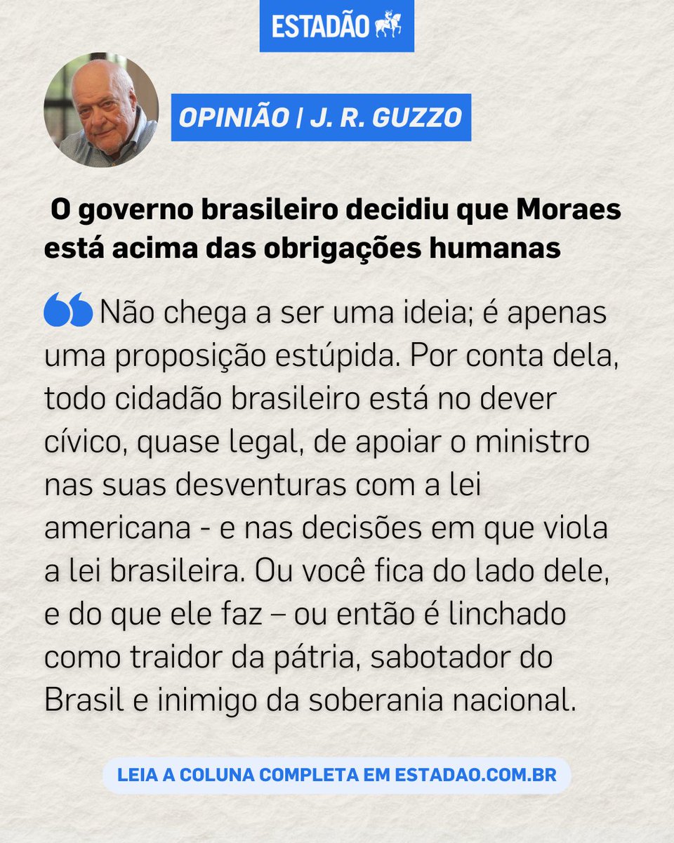 OPINIÃO | J.R. GUZZO "EUA aplicaram sanções ao Brasil e a reação oficial é um hino contra a razão".

(Nota: Esta é a última coluna de J.R. Guzzo para o Estadão. O texto foi enviado à redação na sexta. Guzzo faleceu neste sábado.)

Confira no link: bit.ly/3IVubHJ