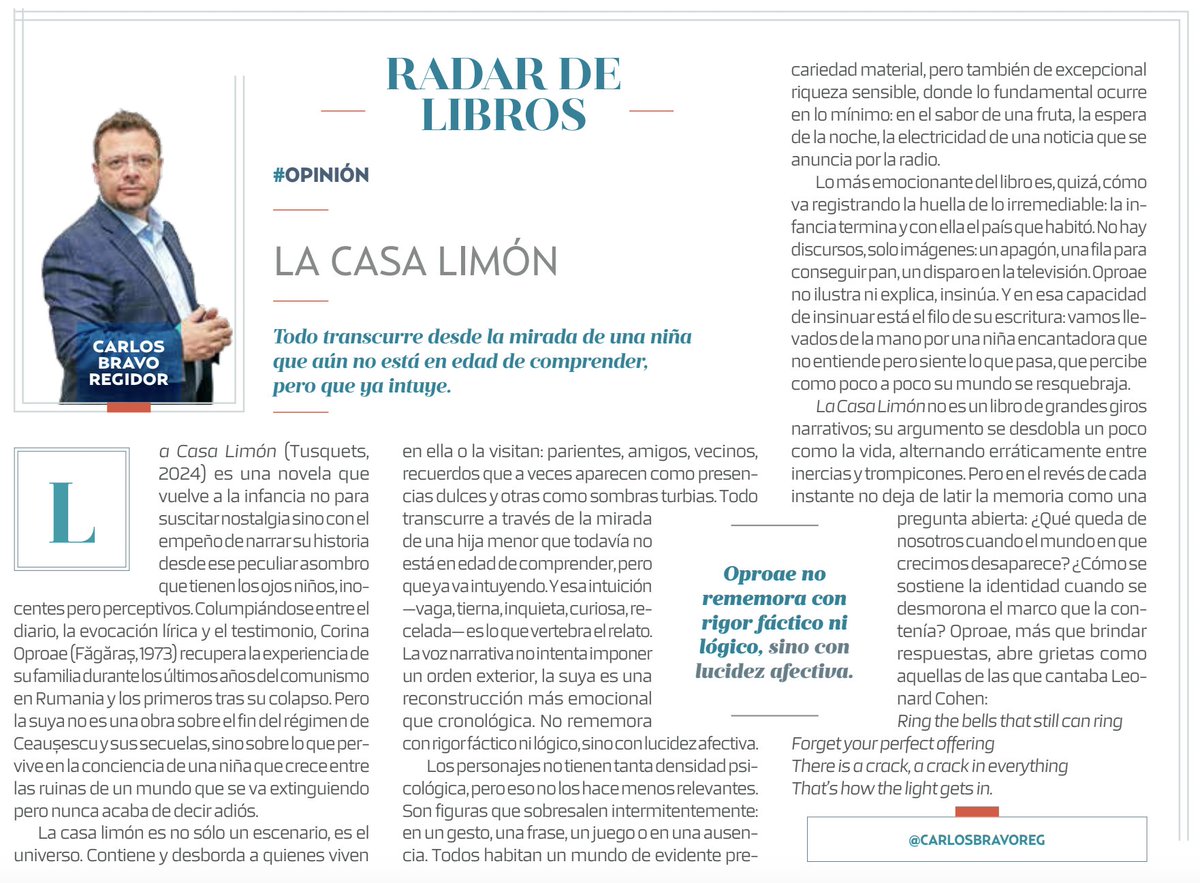 Hoy, #RadarDeLibros se trata de "La casa limón" (Tusquets, 2023) de <a href="/CorinaOproae/">Corina Oproae</a>: una novela que relata los años de la caída del comunismo en Rumania desde los ojos de una niña que no acaba de entender pero intuye lo que pasa y siente cómo, poco a poco, su mundo se resquebraja.