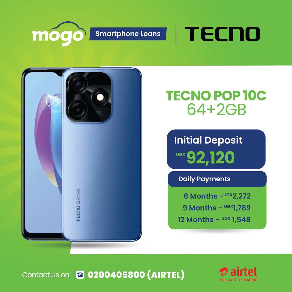 With an initial deposit of Ugx 92120, you walk away with a Tecno Pop 10C and pay the balance in installments courtesy of <a href="/MOGOUganda/">MOGO Uganda</a>.

#MogoSmartPhoneLoans