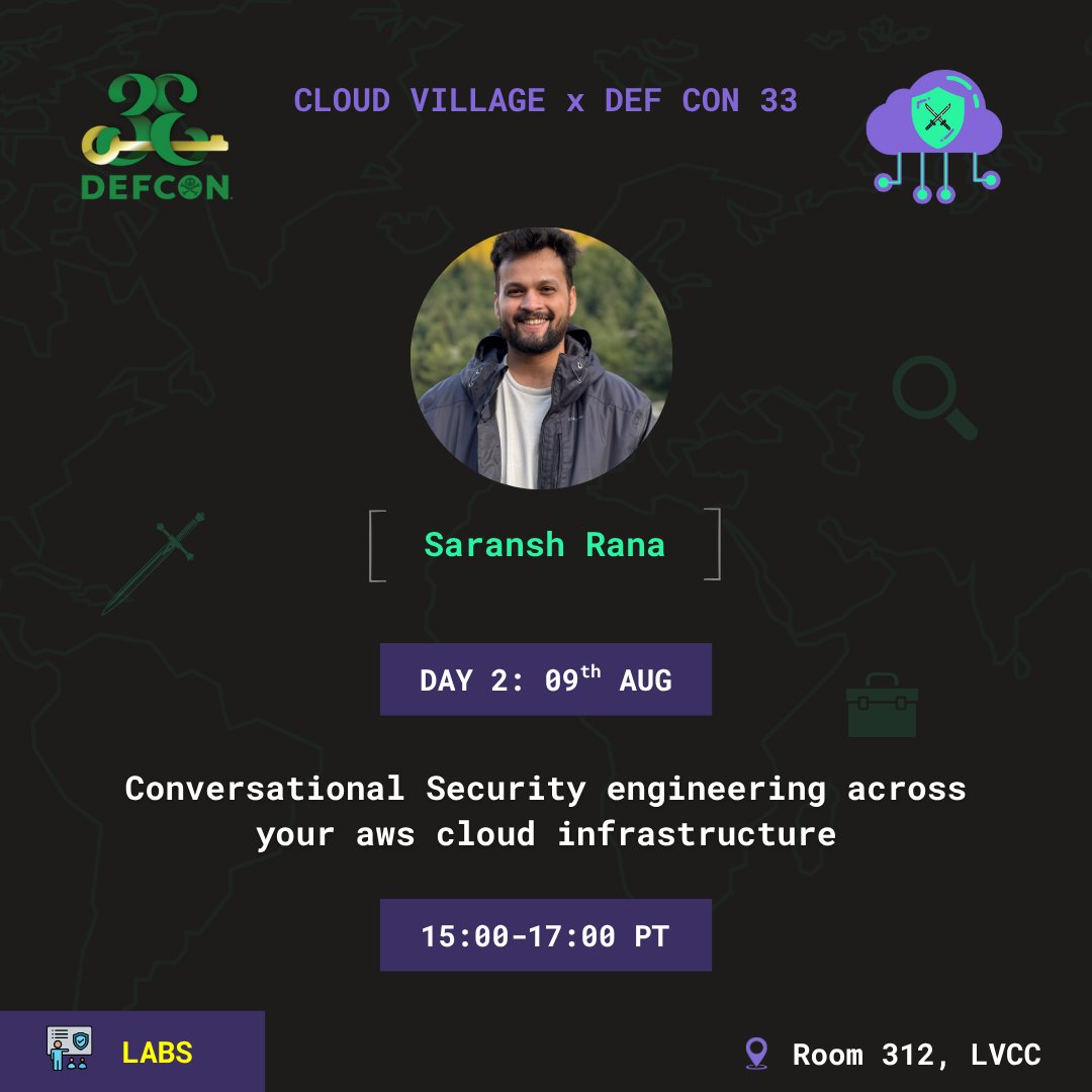cloudvillage_dc's tweet image. 🚨 Catch @_sr1695_ at Cloud Village Labs @defcon 33!
🎤 “Conversational Security Engineering Across Your AWS Cloud Infrastructure” ☁️🔐
🗓️ Aug 9 | 🕒 3–5 PM PT | 📍 Room 312, LVCC
📝 forms.gle/pukvJvj5xoprwL…
🤖 Use AI to map attack paths &amp;amp; find hidden risks!
#DEFCON33 #CloudLabs…