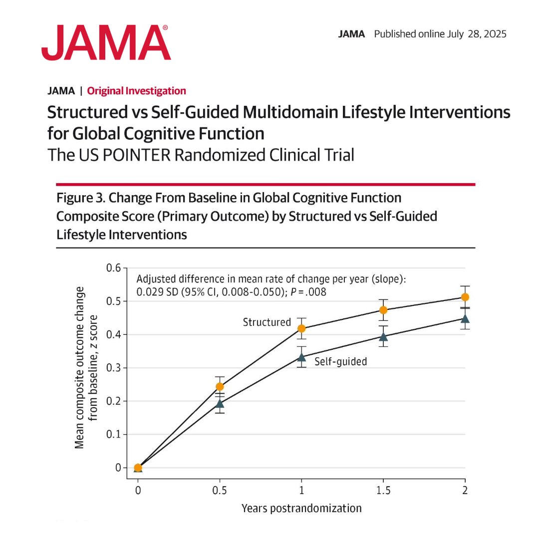 JAMA_current's tweet photo. In older adults at risk of cognitive decline and #dementia, a structured lifestyle intervention yielded greater benefit than a lower-intensity self-guided intervention. 

https://t.co/xulxCtFUcl https://t.co/86833KWmx0