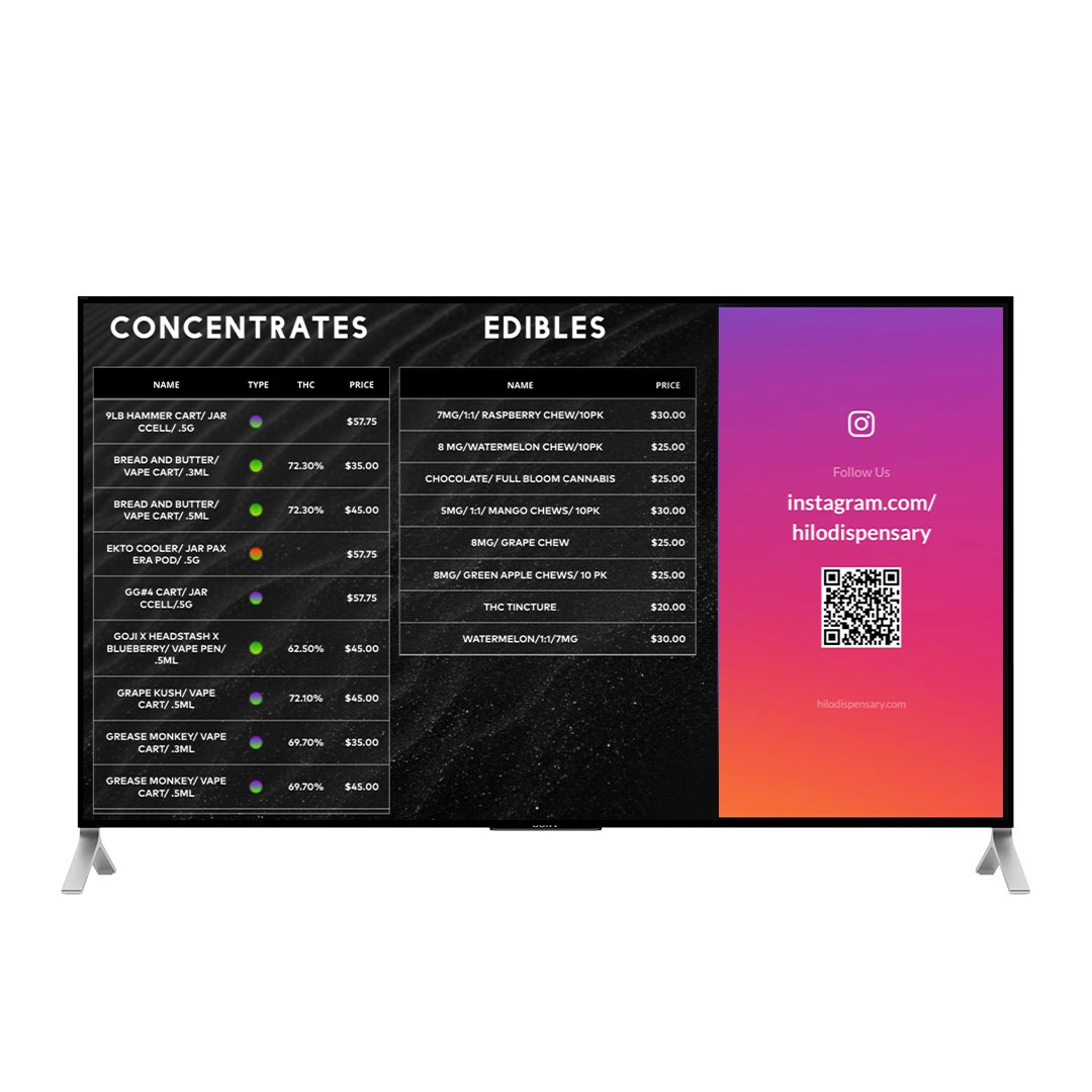 Stay stocked with the right products and update your displays instantly with GreenScreens. Contact us to learn how we can help your dispensary shine! info@greenscreens.tv

#cannabis #digitalsignage #CannabisTech