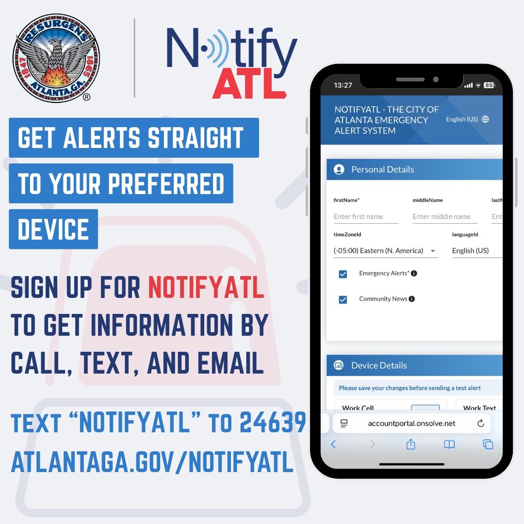 CityofAtlanta's tweet photo. Atlanta, have you signed up for NotifyATL yet? Stay informed with real-time updates by phone, text, and email. Don’t wait—explore more ways to stay connected at https://t.co/Y5Lch0i7Yn. Let’s stay notifyed together!
#NotifyATL #MovingAtlantaForward #OneSafeCity https://t.co/RU3x8CAABJ