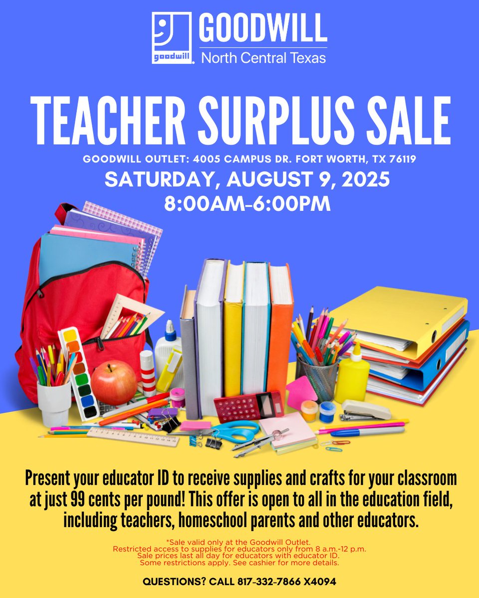 GoodwillNCT's tweet image. Don’t miss our Teacher Surplus Sale NEXT SATURDAY at the Goodwill Outlet. Educators can shop for classroom supplies and craft materials at just 99 cents per pound! Learn more:  goodwillnorthcentraltexas.org/events/teacher… #teacherdiscount #sale #gooddeals