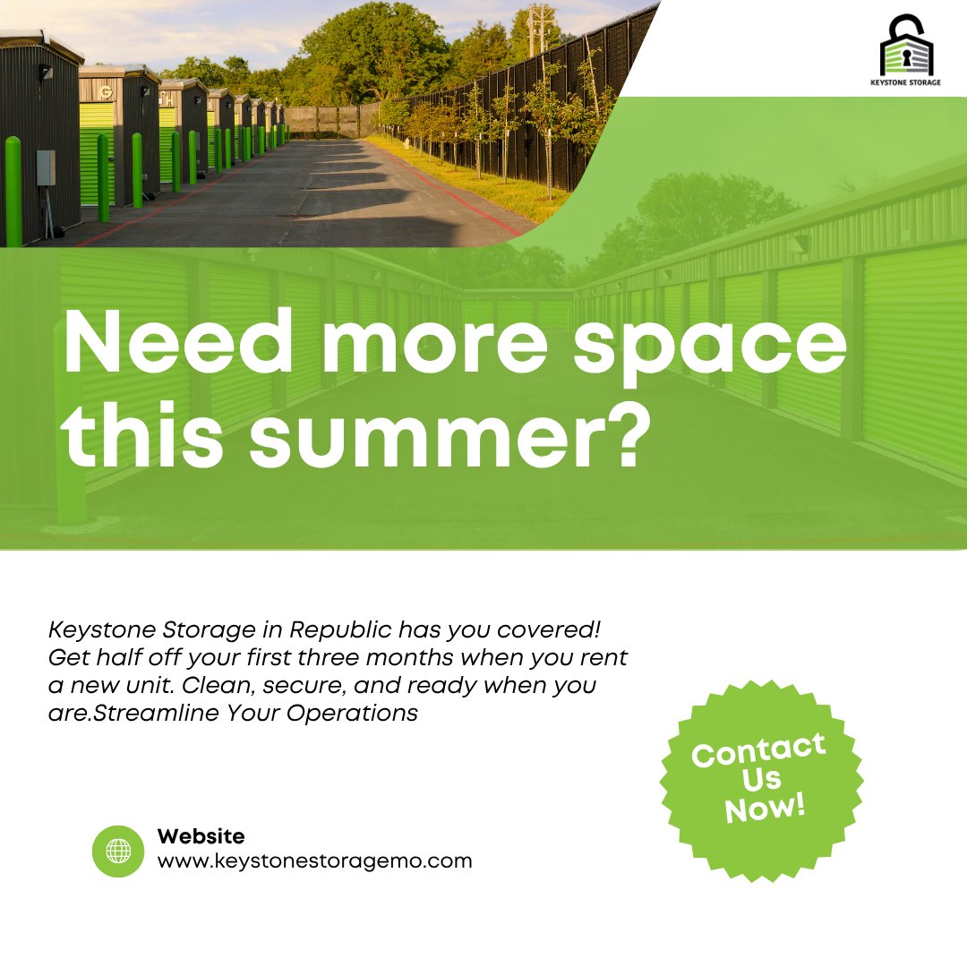 Keystonemo's tweet image. Need more space this summer? Keystone Storage in Republic has you covered! Get half off your first three months when you rent a new unit. Clean, secure, and ready when you are. Call (417) 505-2553 today! #RepublicMO #SelfStorage #KeystoneStorageMO

keystonestoragemo.com/904-n-main-str…