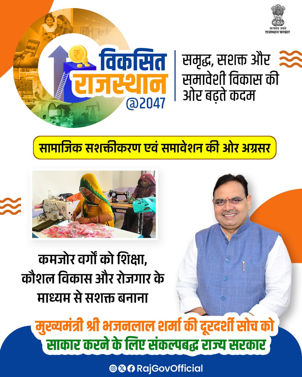 Government of Rajasthan (@rajgovofficial) on Twitter photo 'विकसित भारत <a href="/2047/">Galina Dolenko</a>' विजन के तहत मुख्यमंत्री श्री भजनलाल शर्मा के नेतृत्व में, राज्य सरकार प्रदेश को वर्ष 2047 तक विकसित राजस्थान बनाने के लिए संकल्पबद्ध है। वर्ष 2047 तक सामाजिक सशक्तीकरण एवं समावेशन को बढ़ावा देने के लिए, उल्लेखनीय कार्य किए जाएंगे।
#ViksitRajasthan2047 'विकसित भारत <a href="/2047/">Galina Dolenko</a>' विजन के तहत मुख्यमंत्री श्री भजनलाल शर्मा के नेतृत्व में, राज्य सरकार प्रदेश को वर्ष 2047 तक विकसित राजस्थान बनाने के लिए संकल्पबद्ध है। वर्ष 2047 तक सामाजिक सशक्तीकरण एवं समावेशन को बढ़ावा देने के लिए, उल्लेखनीय कार्य किए जाएंगे।
#ViksitRajasthan2047