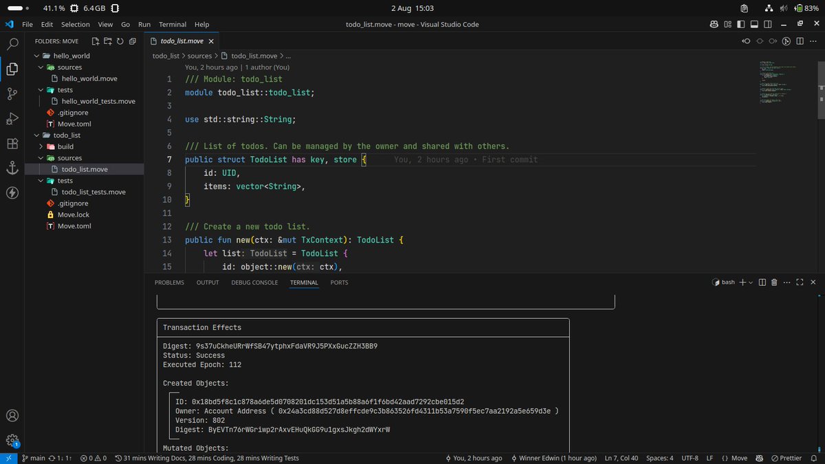 Winner Edwin 👨🍳⚡ (@mikelneonedwin) on Twitter photo Made my first hello world with move, tested it, published a todo list on Sui, added a todo and learnt a lot of other things.
So many possibilities with Move on Sui and I'm happy I attended the dev workshop
Shout out to <a href="/socscuniuyo/">SOCSC-Uniuyo.Sui💧</a> ⚡️⚡️ Made my first hello world with move, tested it, published a todo list on Sui, added a todo and learnt a lot of other things.
So many possibilities with Move on Sui and I'm happy I attended the dev workshop
Shout out to <a href="/socscuniuyo/">SOCSC-Uniuyo.Sui💧</a> ⚡️⚡️