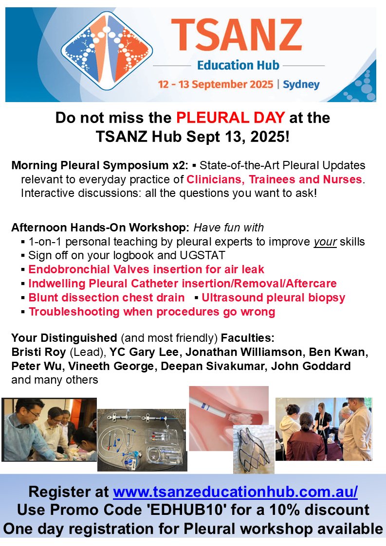 Y C Gary Lee (@ycgarylee) on Twitter photo 🔴 Join us Sept 13 <a href="/tsanz_thoracic/">TSANZ</a> Hub for a whole day of #pleural learning. Symposia to update you on advances relevant to your practice. Hands-on workshop: 1-on-1 expert supervision for beginners to advanced in EB valve placement; IPC; blunt dissection... <a href="/TheRACP/">The Royal Australasian College of Physicians</a> 🔴 Join us Sept 13 <a href="/tsanz_thoracic/">TSANZ</a> Hub for a whole day of #pleural learning. Symposia to update you on advances relevant to your practice. Hands-on workshop: 1-on-1 expert supervision for beginners to advanced in EB valve placement; IPC; blunt dissection... <a href="/TheRACP/">The Royal Australasian College of Physicians</a>