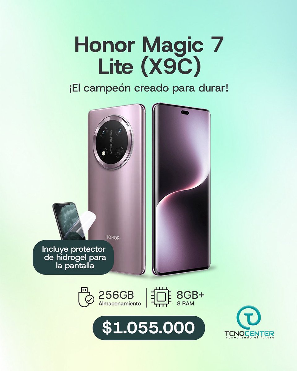 TcnocenterC's tweet image. ✨ ¡Nuevo Honor Magic 7 Lite (X9C)!
El campeón creado para durar y sorprenderte 🔥
📱 Pantalla premium + diseño elegante
💾 256 GB almacenamiento
🚀 8 GB RAM para máximo rendimiento
🛡️ ¡Incluye protector de hidrogel GRATIS!
💰 $1.055.000
📍 Solo en #tcnocenter
