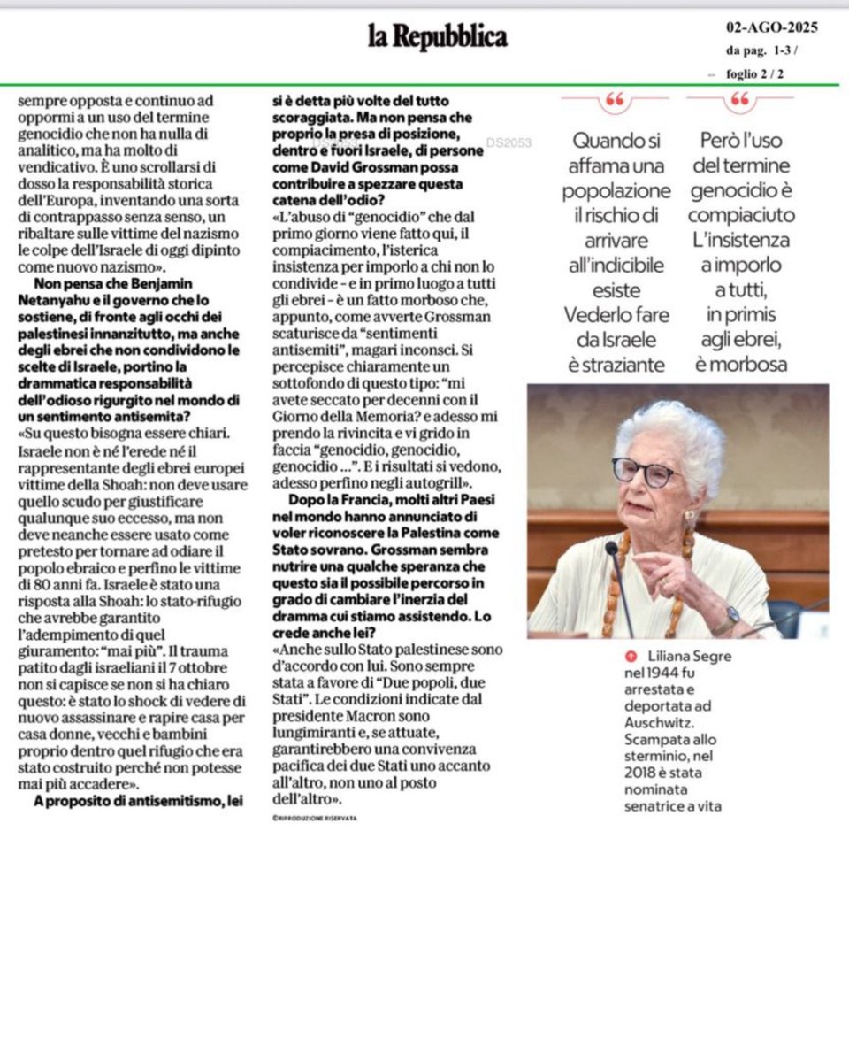 Ogni altra mia parola o sottolineatura sarebbe inutile. Segre spiega tutto in questa intervista intrisa di dolore e sgomento. Così rigorosa e giusta nell’analisi che merita di essere letta con attenzione e rispetto. Grazie Liliana.