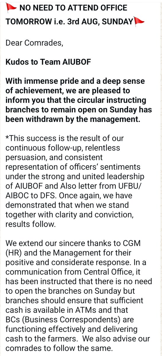 RMithileshSingh's tweet image. 🚩 *NO NEED TO ATTEND OFFICE TOMORROW i.e. 3rd AUG, SUNDAY*🚩
Dear Comrades,
*Kudos to Team AIUBOF*
*With immense pride and a deep sense of achievement, we are pleased to inform you that the circular instructing branches to remain open on Sunday has been withdrawn ....