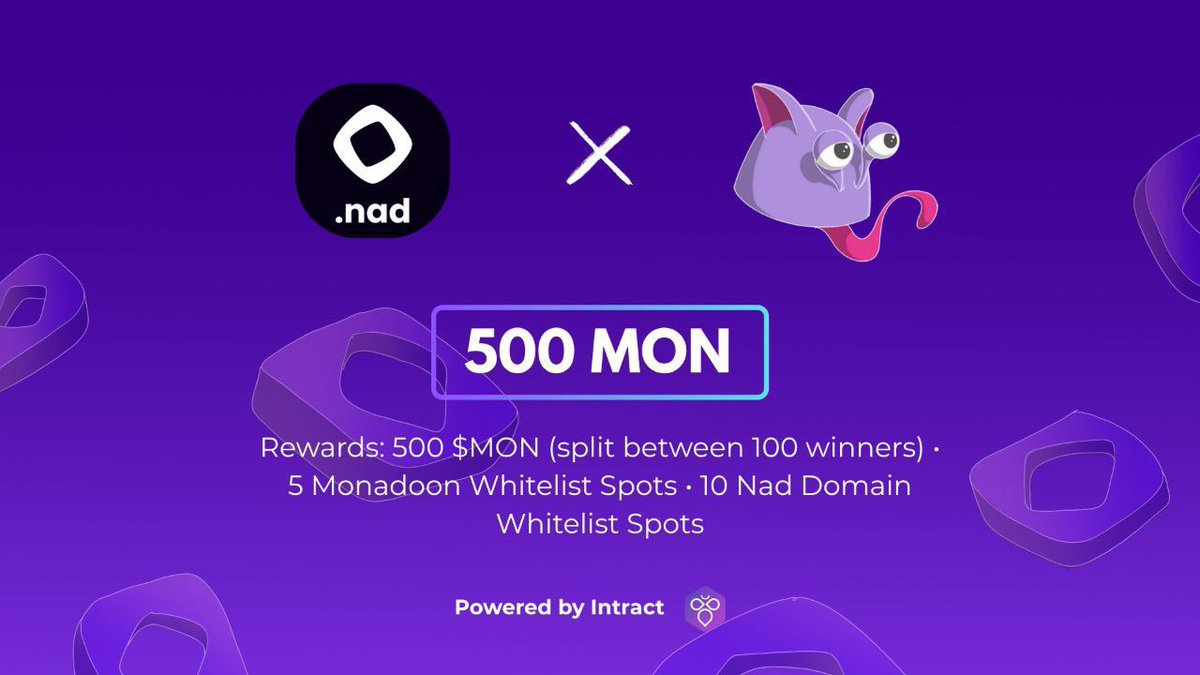 Nad Name Service ⨀ (@naddomains) on Twitter photo We’re thrilled to team up with Monadoon, one of the most innovative NFT projects in the Monad ecosystem! 
To celebrate this collab, we’re giving away:
 10 NADLIST spots
 10 Monadoon GTD WLs
Here’s how YOU can win:
✅ Mint as many creative domains as you can with the theme: NNS We’re thrilled to team up with Monadoon, one of the most innovative NFT projects in the Monad ecosystem! 
To celebrate this collab, we’re giving away:
 10 NADLIST spots
 10 Monadoon GTD WLs
Here’s how YOU can win:
✅ Mint as many creative domains as you can with the theme: NNS