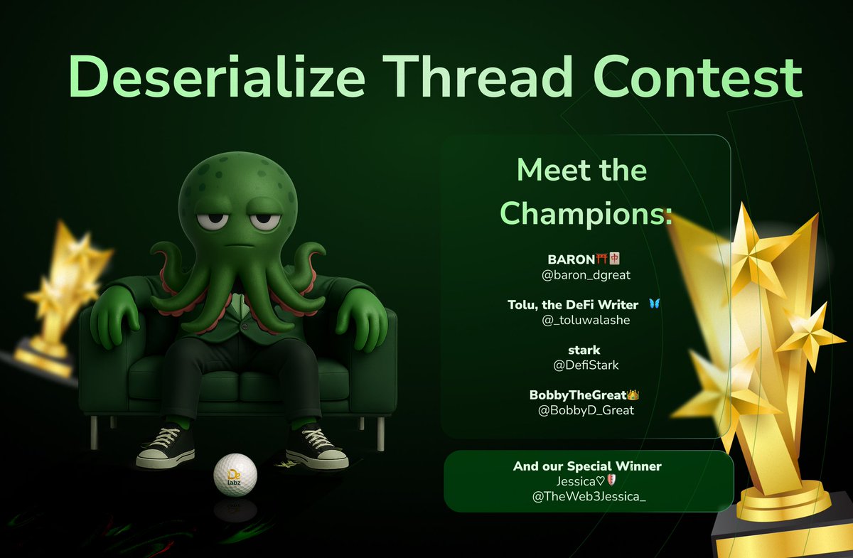 Deserialize (@deserialize_) on Twitter photo The thread contest is over and we have our winners!
After reviewing a lineup of creatively brilliant submissions, weโve chosen the best writers among the Serializers.
Meet the champions:
BARONโฉ๐
<a href="/baron_dgreat/">BARONโฉ๐</a>
Tolu, the DeFi Writer ๐ค๐ฆ
<a href="/_toluwalashe/">Tolu, the DeFi Writer ๐ค๐ฆ</a>
stark
<a href="/DefiStark/">stark</a> The thread contest is over and we have our winners!
After reviewing a lineup of creatively brilliant submissions, weโve chosen the best writers among the Serializers.
Meet the champions:
BARONโฉ๐
<a href="/baron_dgreat/">BARONโฉ๐</a>
Tolu, the DeFi Writer ๐ค๐ฆ
<a href="/_toluwalashe/">Tolu, the DeFi Writer ๐ค๐ฆ</a>
stark
<a href="/DefiStark/">stark</a>