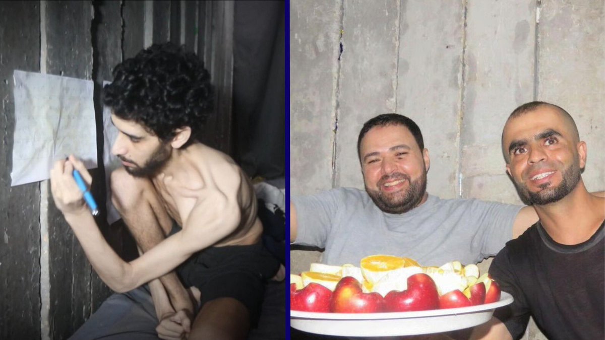 This is the real famine in Gaza - captured in one image.

While Evyatar David, kidnapped by Hamas, looks like a walking skeleton, terrorists from Palestinian Hamas and Palestinian Islamic Jihad feast just meters away.

The hostages are STARVING. TORTURED. ABUSED.

Where is the