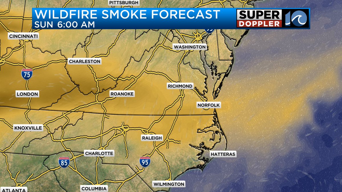 Strong 10-20 MPH NE winds gusting to 30 MPH persist throughout this weekend. That will bring us a few concerns:
- A dangerous surf with 5-7' breaking waves
- NC-12 ocean overwash
- Tidal flooding during high tide 4 PM Saturday &amp; 5 PM Sunday
- Wildfire smoke moving in from Canada