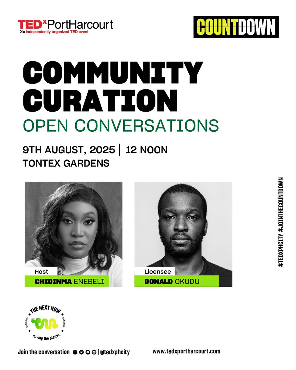As one of the only 19 #TEDCountdown Anchor Events holding in 2025, #TEDxPHCity is hosting Open Community Conversations in run-up to its main event in October 

🗓️ Join the conversation next Saturday, August 9, at Tontex Gardens 
⏰ 12 Noon 

📨 Send me a DM if you’d like to come