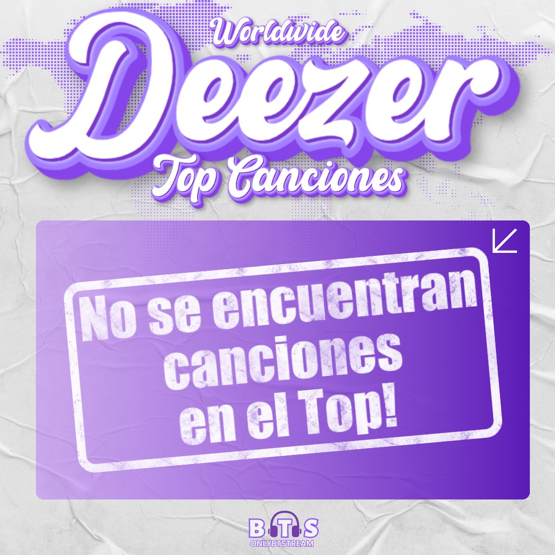 No se encuentran canciones en Deezer Top 100 Worldwide el día de hoy . ⚠️

ARMY! Vamos a dar nuestro mejor esfuerzo. 💜