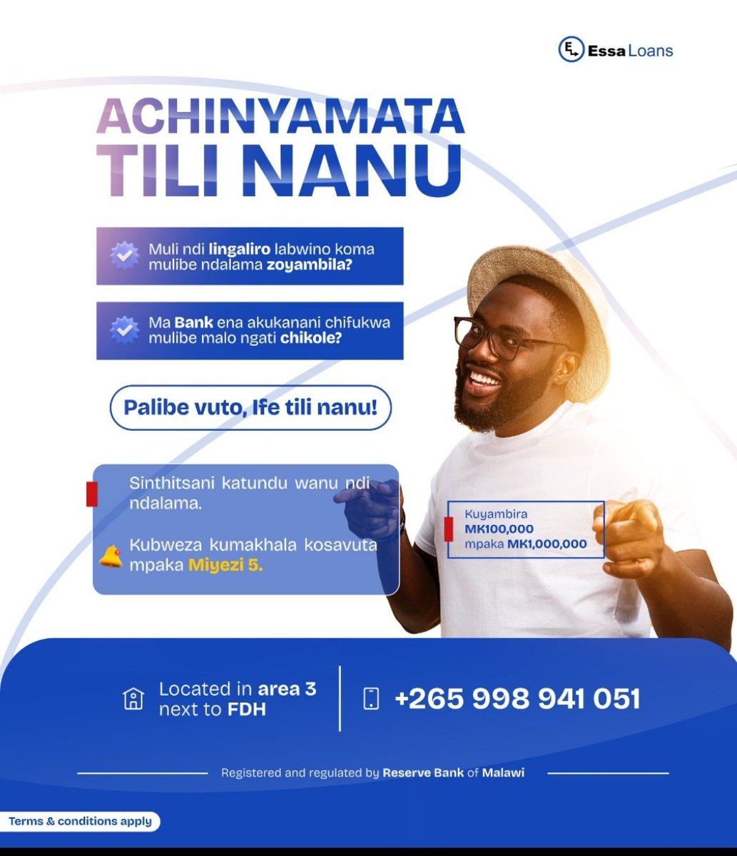 Nyengo (@quentinladd265) on Twitter photo Muli ndi plan koma ndalama there's No
Try <a href="/EssaLoans/">Essa Loans</a> tha tha tha....
Call : 0998941051
You can get 100K - 1Million kwacha
Maumboni ambili akupelekedwa amzanu akuchikwapula uku, akamati alinanu sibodzaso ayi!!! Muli ndi plan koma ndalama there's No
Try <a href="/EssaLoans/">Essa Loans</a> tha tha tha....
Call : 0998941051
You can get 100K - 1Million kwacha
Maumboni ambili akupelekedwa amzanu akuchikwapula uku, akamati alinanu sibodzaso ayi!!!