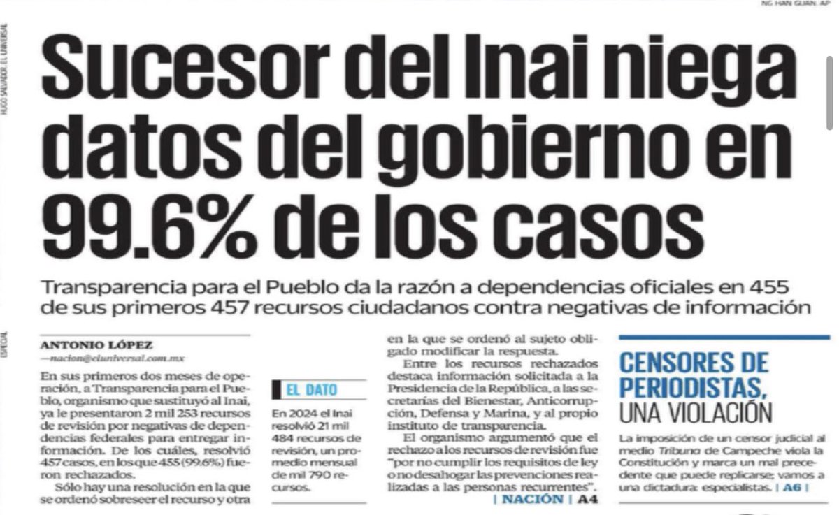 José Alfredo Beltrán (@josealfredobelt) on Twitter photo Demoledora primera plana hoy, sobre el nuevo “modelo de transparencia” en el país 👇
Aquí nota completa de <a href="/El_Universal_Mx/">El Universal</a>
👇
Sucesor del Inai niega datos del gobierno en 99.6% de los casos eluniversal.com.mx/nacion/sucesor… Demoledora primera plana hoy, sobre el nuevo “modelo de transparencia” en el país 👇
Aquí nota completa de <a href="/El_Universal_Mx/">El Universal</a>
👇
Sucesor del Inai niega datos del gobierno en 99.6% de los casos eluniversal.com.mx/nacion/sucesor…