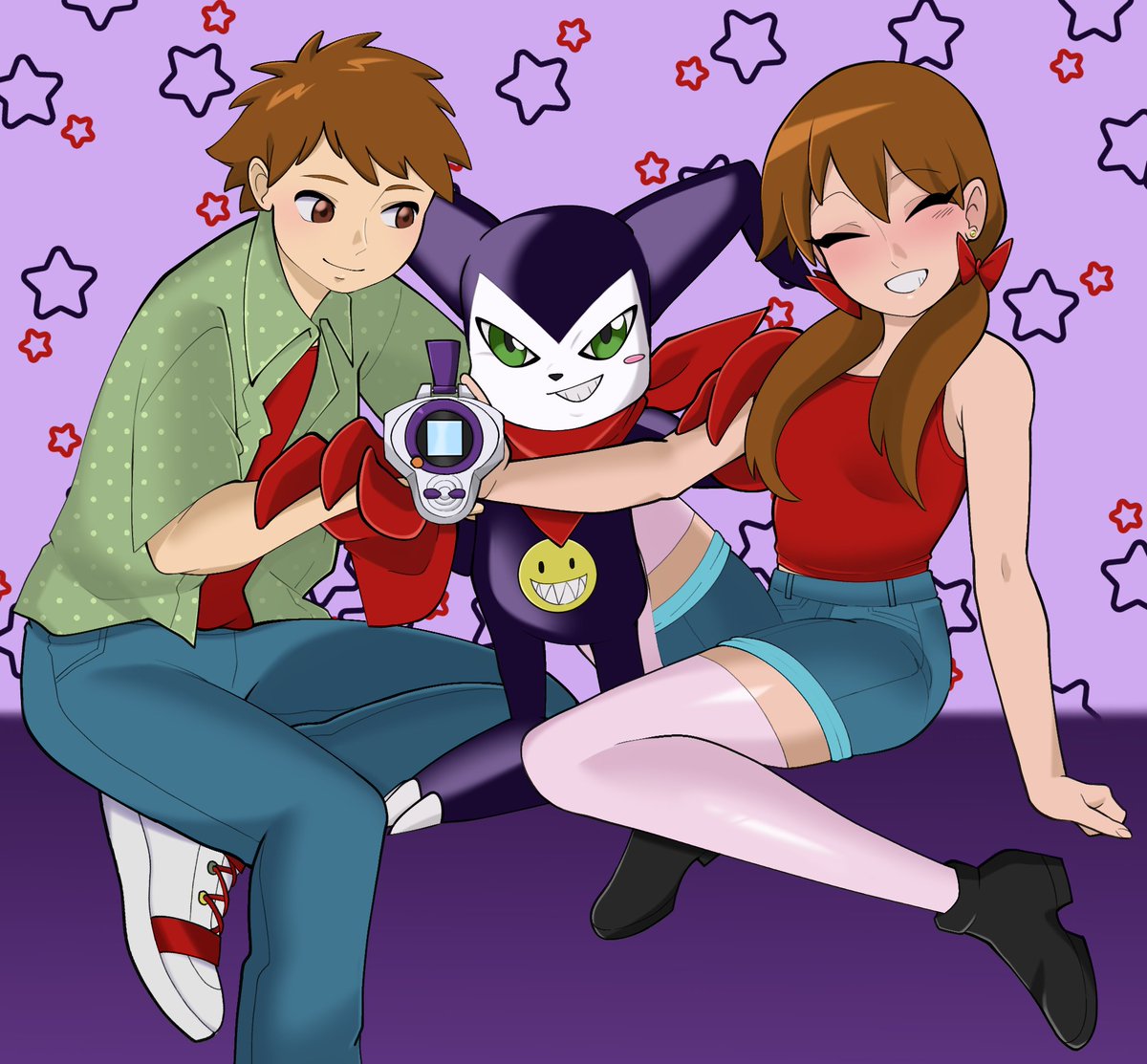 New sweet commission featuring Mako, Ai and Impmon for DigiWarriorCallum! 💚💜❤️