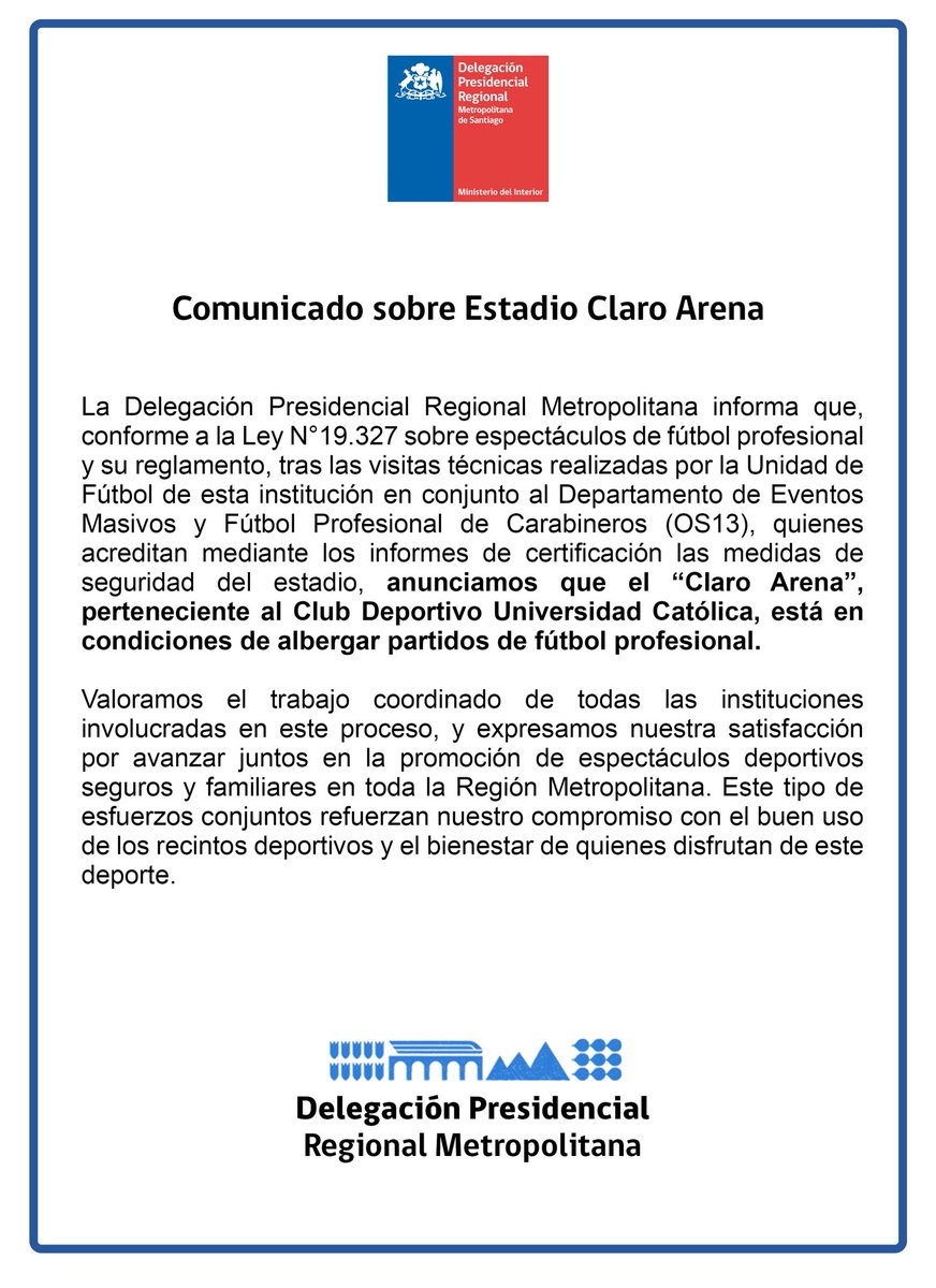DPR_RM's tweet image. Informamos a la comunidad deportiva que el Estadio “Claro Arena” perteneciente a @Cruzados está en condiciones de albergar partidos de fútbol profesional. ¡Valoramos el trabajo de todas las instituciones involucradas! 🏟️⚽️