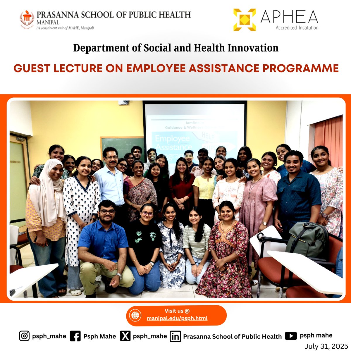 On July 31, 2025, DSHI @PSPH, MAHE hosted a guest lecture on Employee Assistance Programmes (EAPs) with Ms. Nandini Raman: Founder, Iamfine Guidance &amp; Wellness Consultancy   &amp; Columnist, The Hindu.

#PSPH #MAHE #EmployeeWellbeing #MentalHealth #EAP #WorkplaceWellness