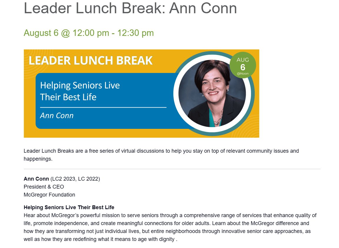 Join us Leadership Lunch Break featuring Ann Conn, Presdient &amp; CEO of teh McGregor Foundation sharing our powerful mission of supporting older adults through their broad range of services and programs.
mcgregoramasa.org/2025/07/31/cle…