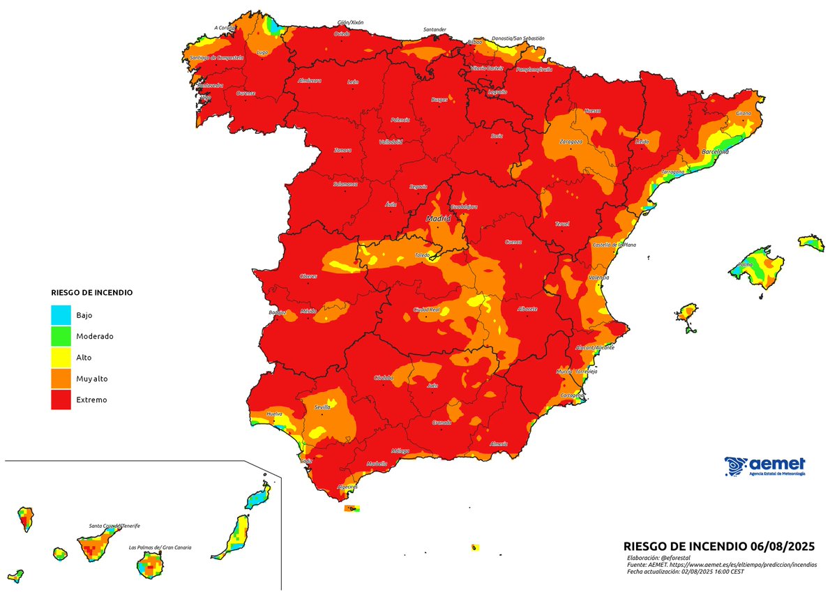 ⚠️ATENCIÓN. En los próximos días las condiciones meteorológicas para la propagación de incendios forestales van a ser extremas en amplias zonas.
‼️Precaución y máxima colaboración.  

🔥Riesgo según <a href="/AEMET_Esp/">AEMET</a> 
🔗aemet.es/es/eltiempo/pr…