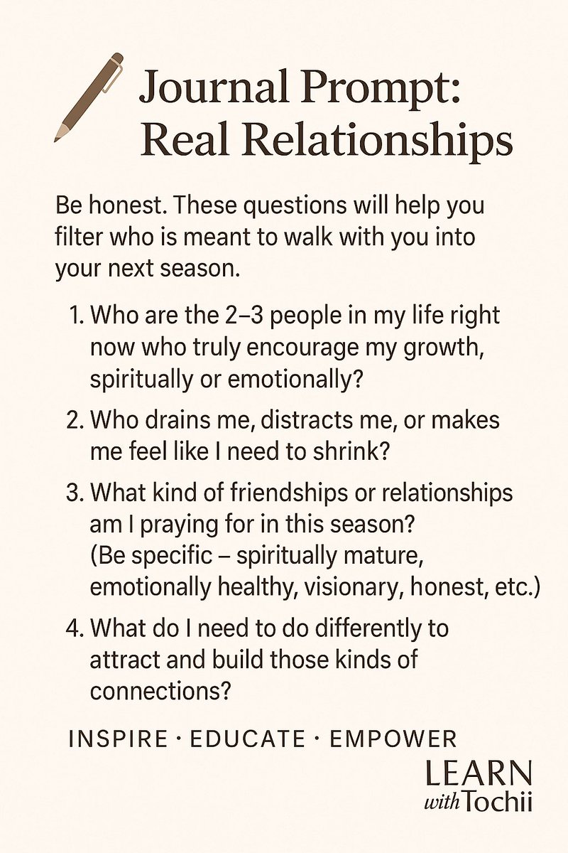 TochukwuAchebe's tweet image. Not everyone in your life is meant to walk with you into your next season.
This weekend, ask yourself:
— Who grows me?
— Who drains me?
— What kind of connections am I really praying for?
📝 Journal Prompt: Real Relationships
#InspireEducateEmpower #LearnWithTochii #growthmindset…