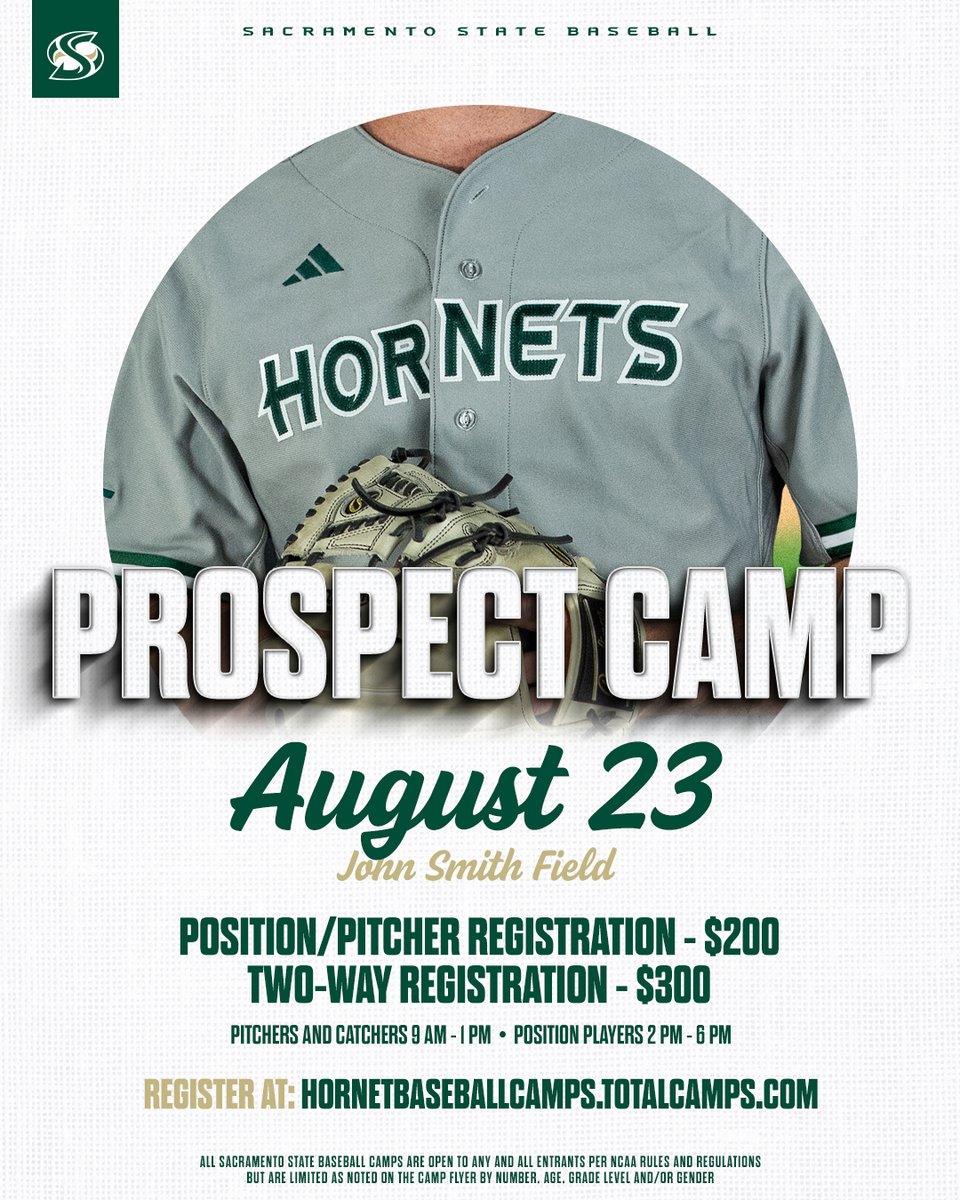 Sac State Baseball (@sacstbaseball) on Twitter photo Sacramento State Baseball is hosting its Prospect Camp on August 23, 2025! π₯
β
All Hornet coaches in attendance
π― Showcase your skills & get noticed
π Donβt miss it β sign up now! Register today at hornetbaseballcamps.totalcamps.com/shop/EVENT
#StingersUp #SacStateBaseball #ProspectCamp2025 Sacramento State Baseball is hosting its Prospect Camp on August 23, 2025! π₯
β
All Hornet coaches in attendance
π― Showcase your skills & get noticed
π Donβt miss it β sign up now! Register today at hornetbaseballcamps.totalcamps.com/shop/EVENT
#StingersUp #SacStateBaseball #ProspectCamp2025