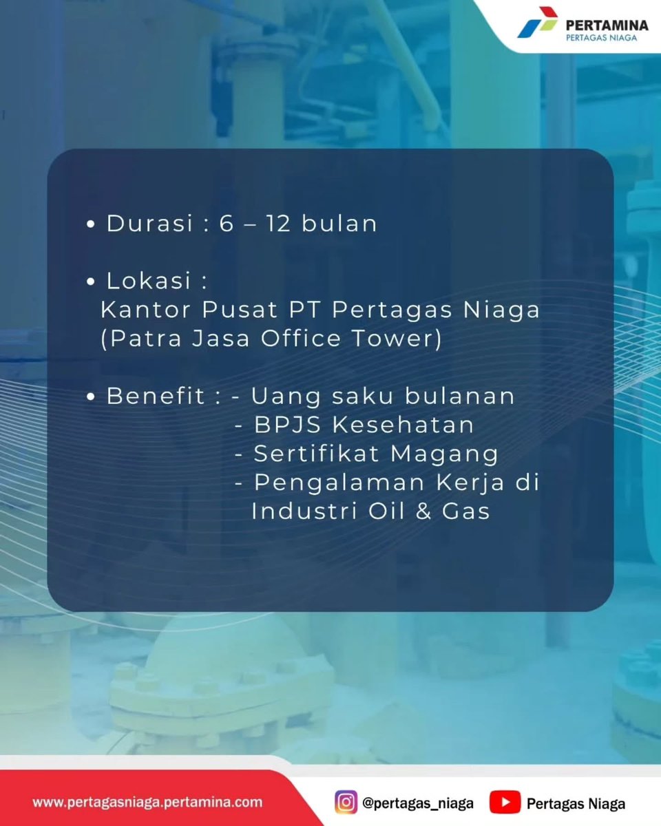 PT Pertagas Niaga membuka kesempatan untuk bergabung sebagai Internship Finance!📢

Inilah kesempatan Anda untuk mengembangkan potensi bersama bagian dari Pertamina Group.

Jangan lewatkan kesempatan ini!

Apply sekarang dan jadilah bagian dari perjalanan energi masa depan!
>>