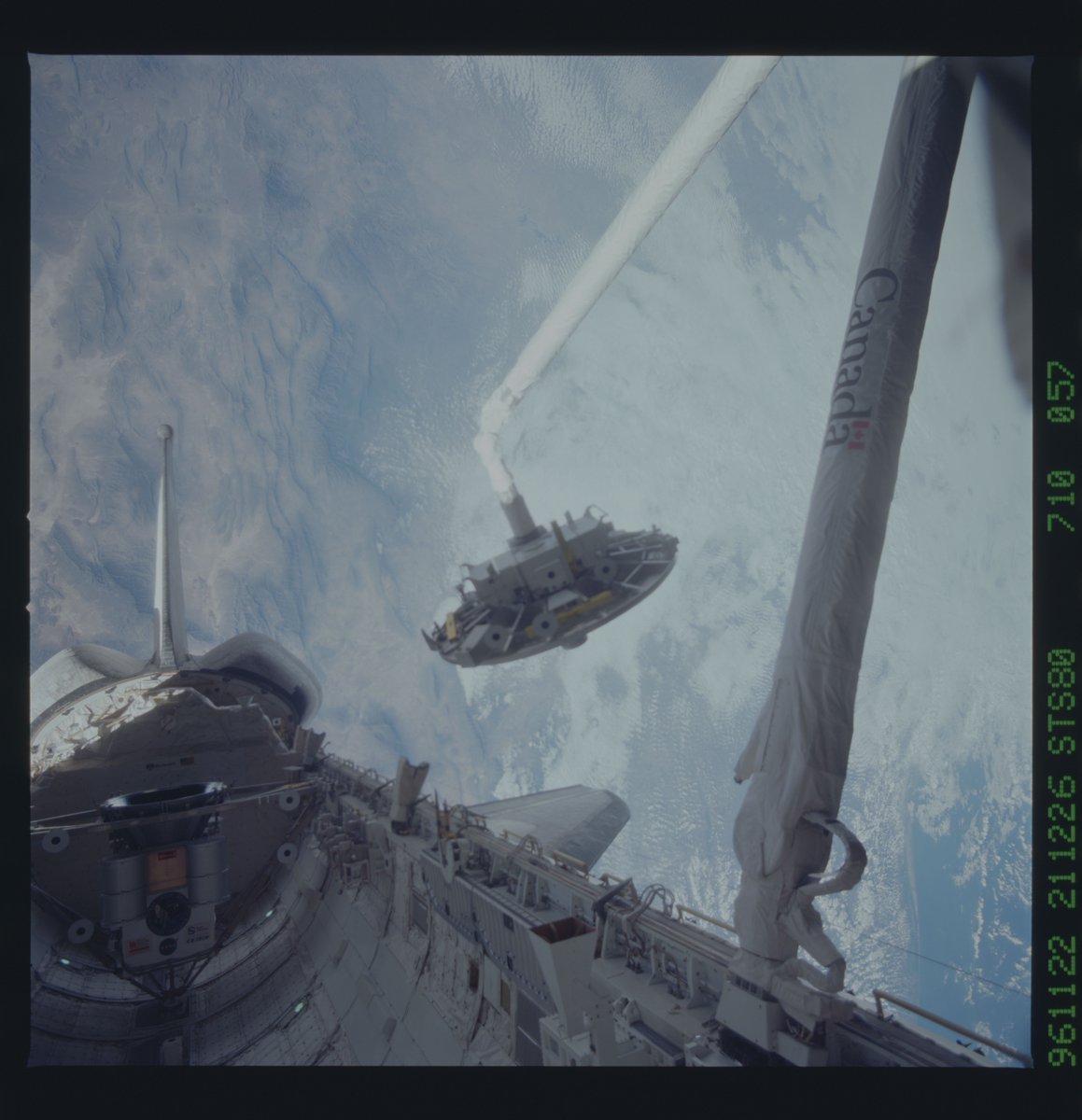 On STS-80 the space shuttle tracked a flying saucer in orbit, carefully maneuvered close to it to grab the  spacecraft, which was flying at Mach 25, with its manipulator arm. It stowed the disc shaped spacecraft in the payload bay &amp; returned it to earth for scientists to study.