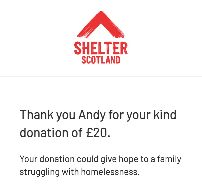 What a guy, Andrew declined the pizza as he’d rather it go to a charity.

I’ve donated £20 to Shelter Scotland instead, and will do another Pizza or Pints next Saturday.