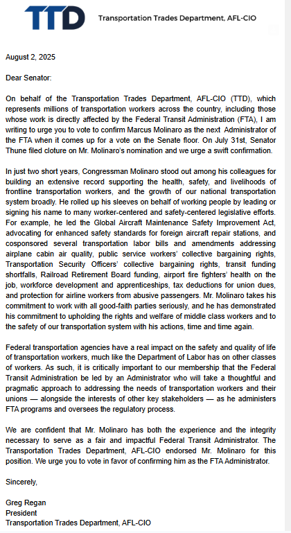 TTD | America's Transportation Unions (@ttdaflcio) on Twitter photo We urge the Senate to confirm Marcus Molinaro to serve as <a href="/FTA_DOT/">Federal Transit Admn</a> Administrator.
We believe Mr. Molinaro has the necessary experience to serve as a fair Administrator who is mindful of the FTA's impacts on transportation worker safety & wellbeing. ttd.org/policy/lettersโฆ We urge the Senate to confirm Marcus Molinaro to serve as <a href="/FTA_DOT/">Federal Transit Admn</a> Administrator.
We believe Mr. Molinaro has the necessary experience to serve as a fair Administrator who is mindful of the FTA's impacts on transportation worker safety & wellbeing. ttd.org/policy/lettersโฆ