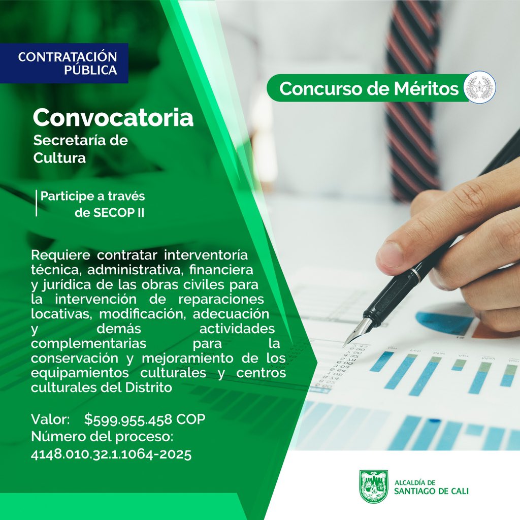 Contratación Pública (@calicontrata) on Twitter photo 📢Atención📢
Aviso de convocatoria
Modalidad: Concurso de Méritos
Más información: tinyurl.com/63m4zxev
<a href="/CaliCultura/">Secretaría de Cultura - Santiago de Cali</a> 📢Atención📢
Aviso de convocatoria
Modalidad: Concurso de Méritos
Más información: tinyurl.com/63m4zxev
<a href="/CaliCultura/">Secretaría de Cultura - Santiago de Cali</a>