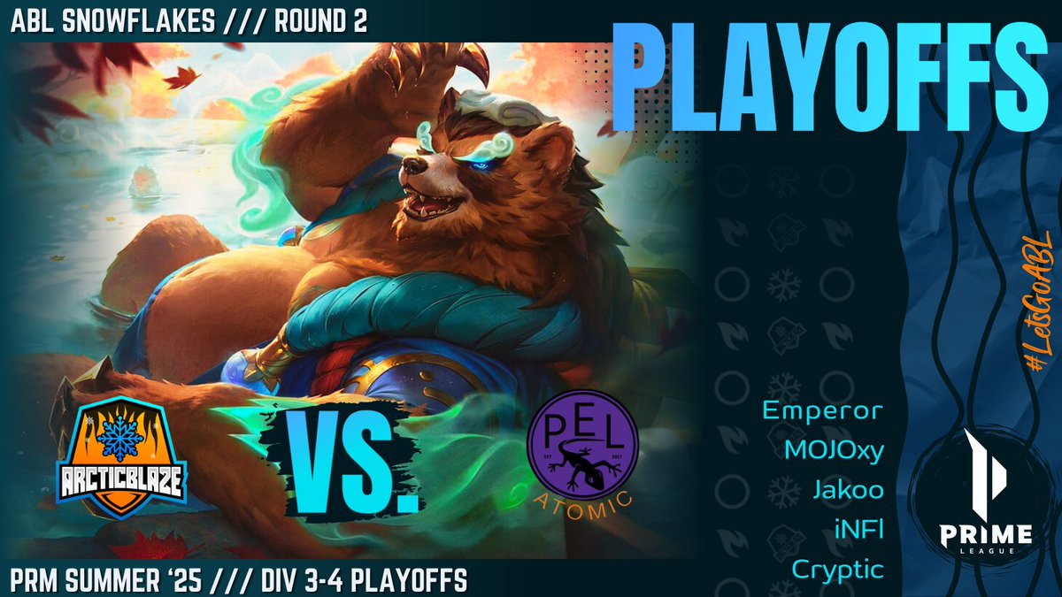 ArcticBlaze βοΈ (@teamarcticblaze) on Twitter photo βοΈ #PrimeLeague PLAYOFFS GAME 2οΈβ£
π₯ #ArcticBlaze Snowflakes π <a href="/LizardsPurple/">PEL</a> Atomic βοΈ
π Time: 18:00 CET
π€ Cast: <a href="/Kunjutsu/">Saikunju</a> & <a href="/InviSan_Pubg/">InviSan Casts</a>
πΊ Twitch π TeamArcticBlaze (German)
βοΈ Emperor | <a href="/LFT_emperor/">ABL emperor</a>
ποΈ MOJOxy | <a href="/mojoxylol/">mojoxy</a>
β‘οΈ Jakoo | <a href="/EinJakoo/">Jakooπ</a>
βοΈ iNFl
π Cryptic | βοΈ #PrimeLeague PLAYOFFS GAME 2οΈβ£
π₯ #ArcticBlaze Snowflakes π <a href="/LizardsPurple/">PEL</a> Atomic βοΈ
π Time: 18:00 CET
π€ Cast: <a href="/Kunjutsu/">Saikunju</a> & <a href="/InviSan_Pubg/">InviSan Casts</a>
πΊ Twitch π TeamArcticBlaze (German)
βοΈ Emperor | <a href="/LFT_emperor/">ABL emperor</a>
ποΈ MOJOxy | <a href="/mojoxylol/">mojoxy</a>
β‘οΈ Jakoo | <a href="/EinJakoo/">Jakooπ</a>
βοΈ iNFl
π Cryptic |