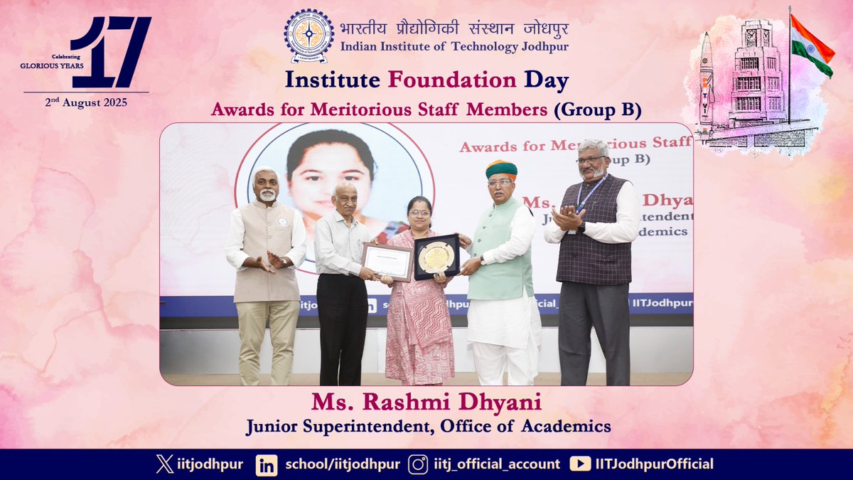 iitjodhpur's tweet photo. 🏆 Meritorious Staff Award | मेरिटोरियस स्टाफ अवॉर्ड
#IITJFoundationDay

 Ms. Rashmi Dhyani, Junior Superintendent, is appreciated for her exceptional contributions to academic operations and student services.

#IITJodhpur #AcademicSupport #ProcessInnovation #StaffExcellence https://t.co/SDthvd0sB0