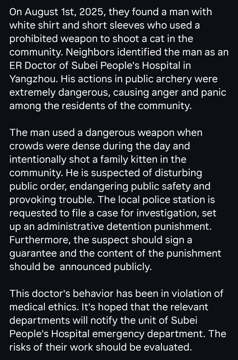 WeAreNotFood's tweet photo. ER Doctor killed cat(s) with a prohibited weapon

Subei People's Hospital, Hanjiang District, Yangzhou, Jiangsu, China.

Local residents reported that they often found animal carcasses in the community. 

#stopcathate #stopcattorture #stopanimalcruelty #animalprotectionlawprc2025 https://t.co/uui9oXqS81