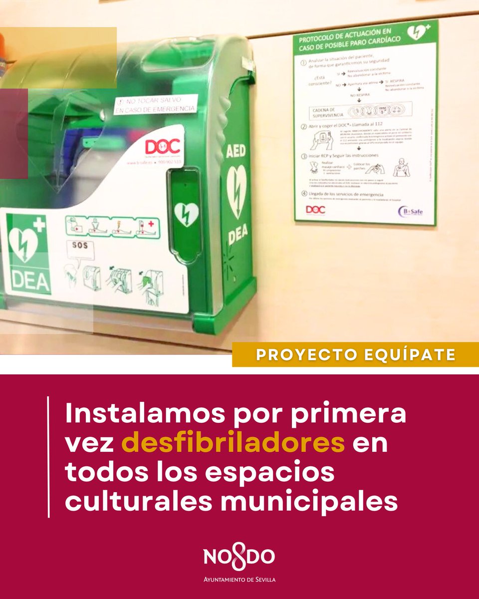 🫀Instalamos por primera vez desfibriladores en todos los espacios culturales 🎭📚 municipales de Sevilla: teatros, museos, centros de creación, bibliotecas…

✅ Equipos DEA operativos
✅ Personal formado

#Sevilla se convierte en una ciudad pionera en cardioprotección cultural.